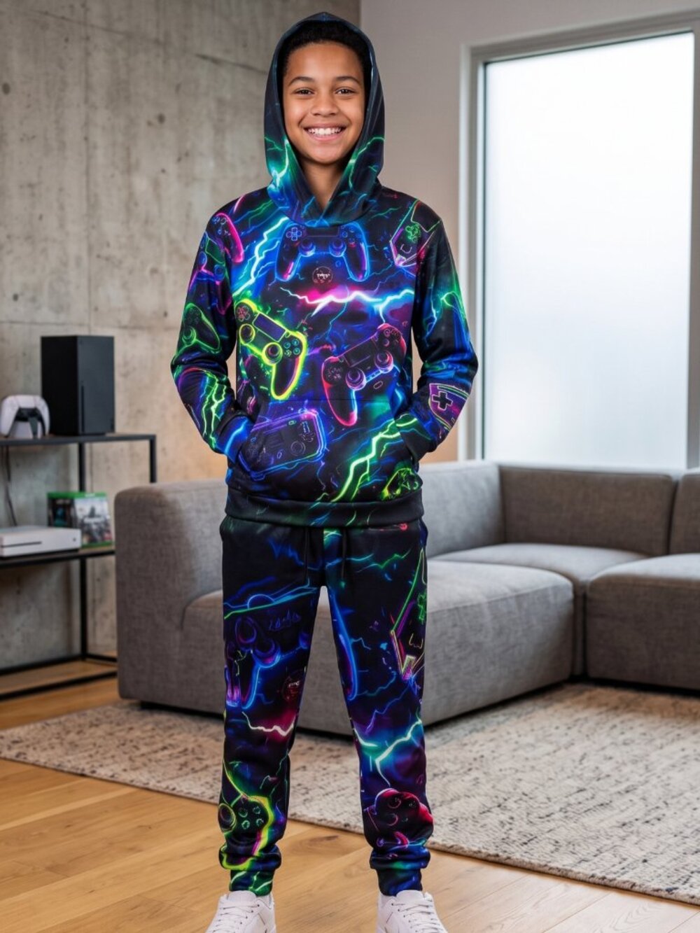 NWOT | 2-Piece Neon Gaming Controller Hoodie & Joggers Set | Black | 14Y